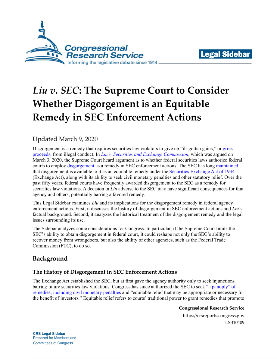 [20200309]LSB10409_刘诉SEC：美国最高法院将考虑在美国证券交易委员会的强制执行行动中剥夺财产是否是一种公平的补救措施.pdf_第1页