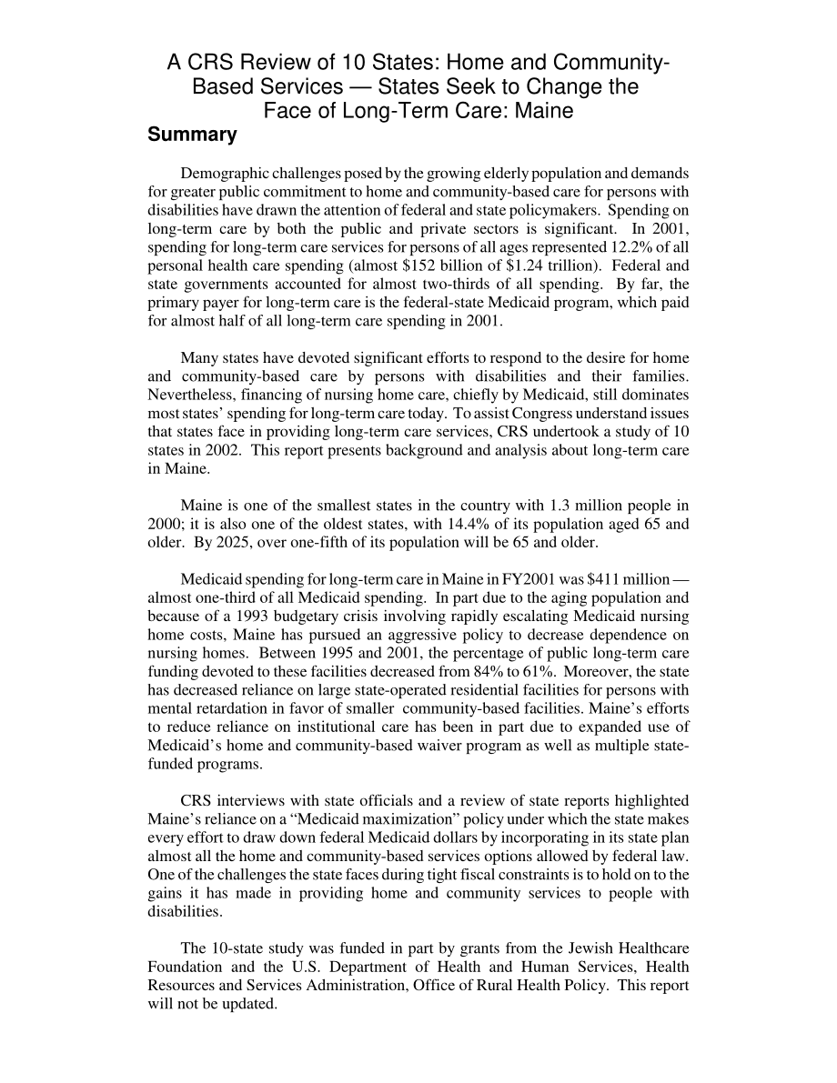 [20030930]RL32166_CRS对10个州的审查：家庭和社区服务——各州寻求改变长期护理的面貌：缅因州.pdf_第2页