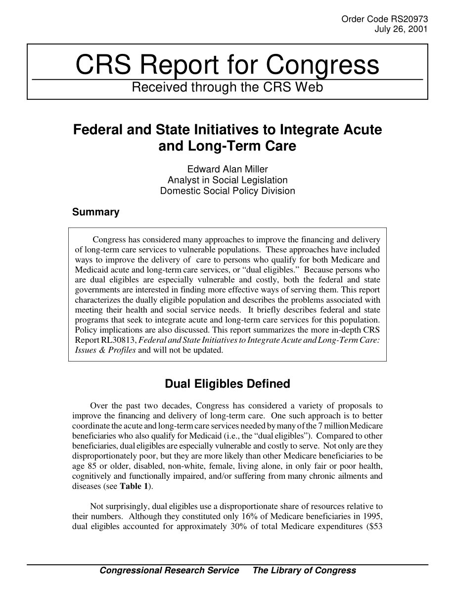 [20010726]RS20973_联邦和州整合急性和长期护理的举措.pdf_第1页