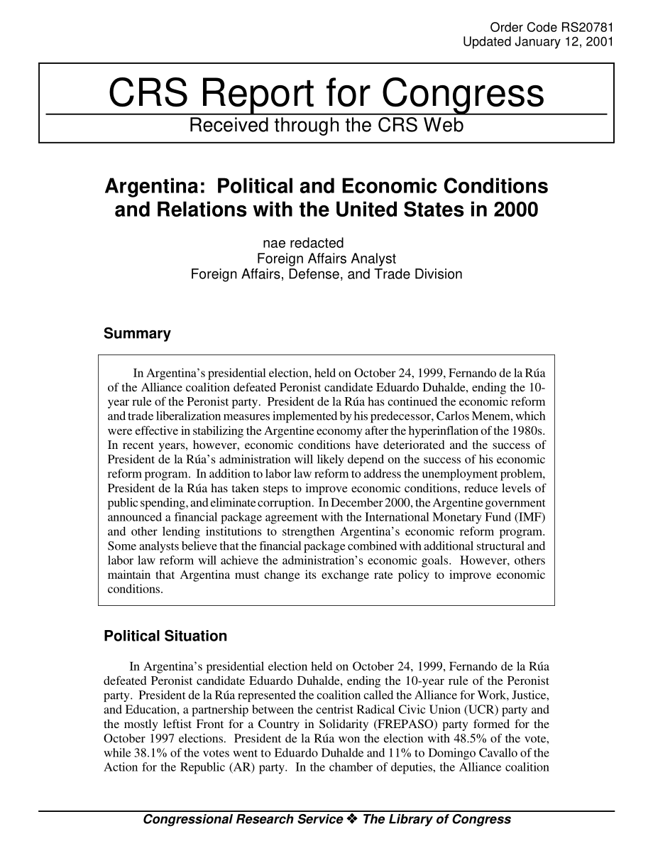 [20010112]RS20781_阿根廷：2000年的政治和经济状况以及与美国的关系.pdf_第1页