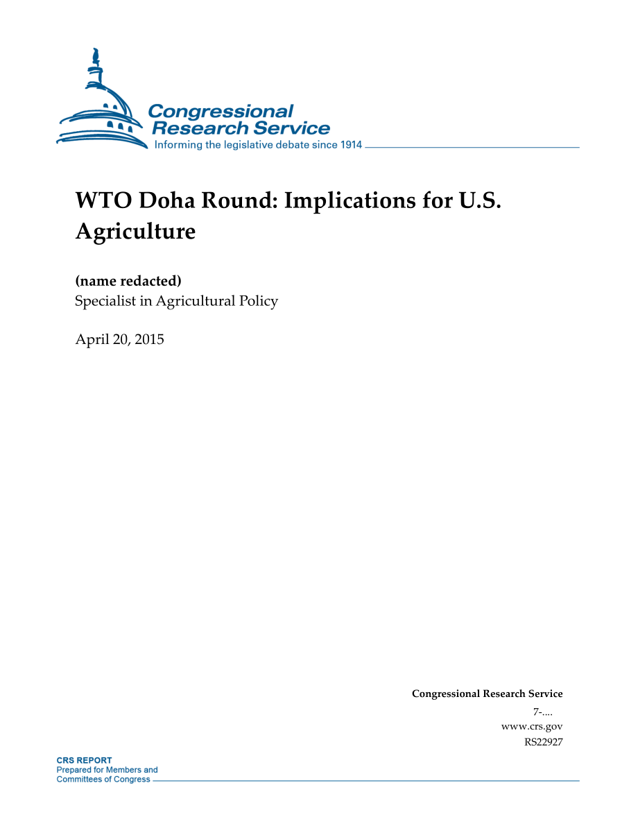 [20150420]RS22927_世贸组织多哈回合：对美国农业的影响.pdf_第1页