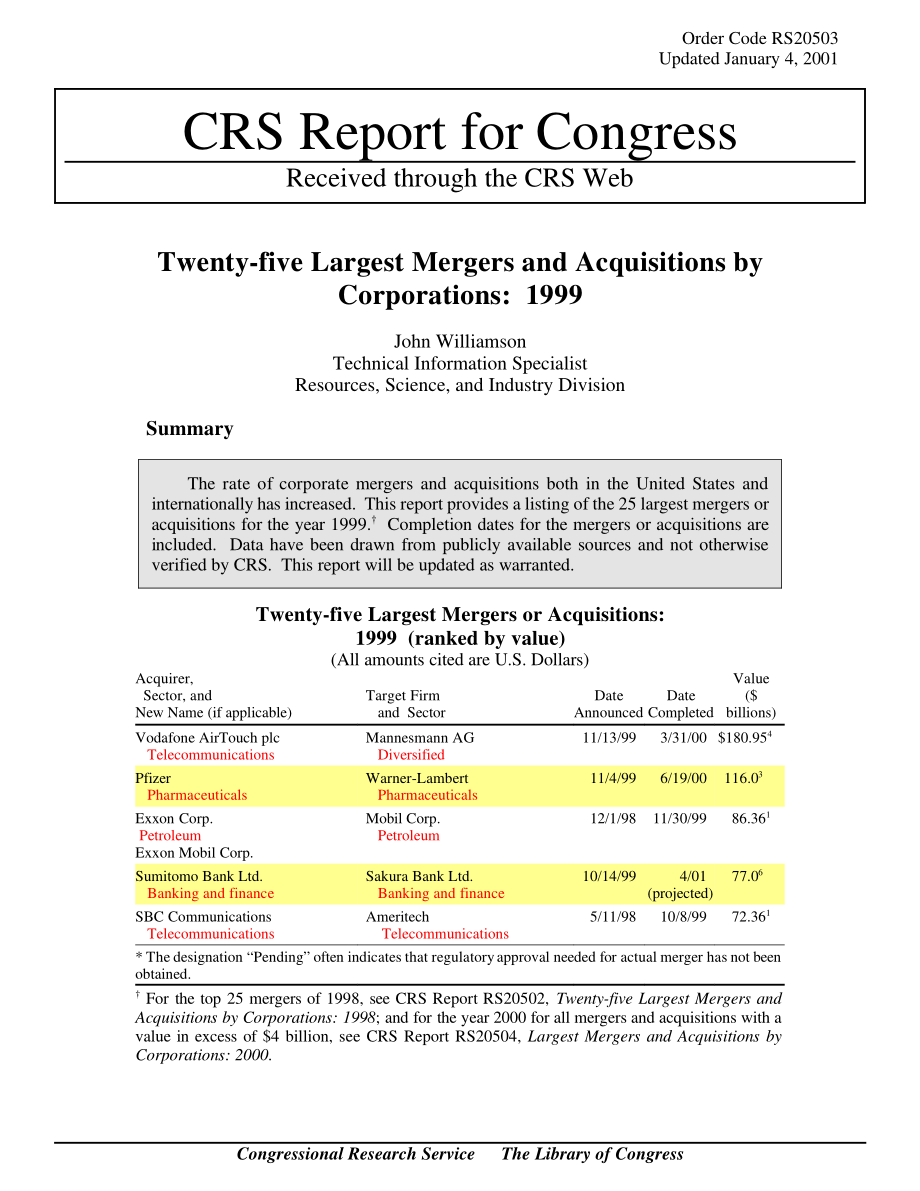 [20010104]RS20503_25家最大的公司合并和收购：1999.pdf_第1页