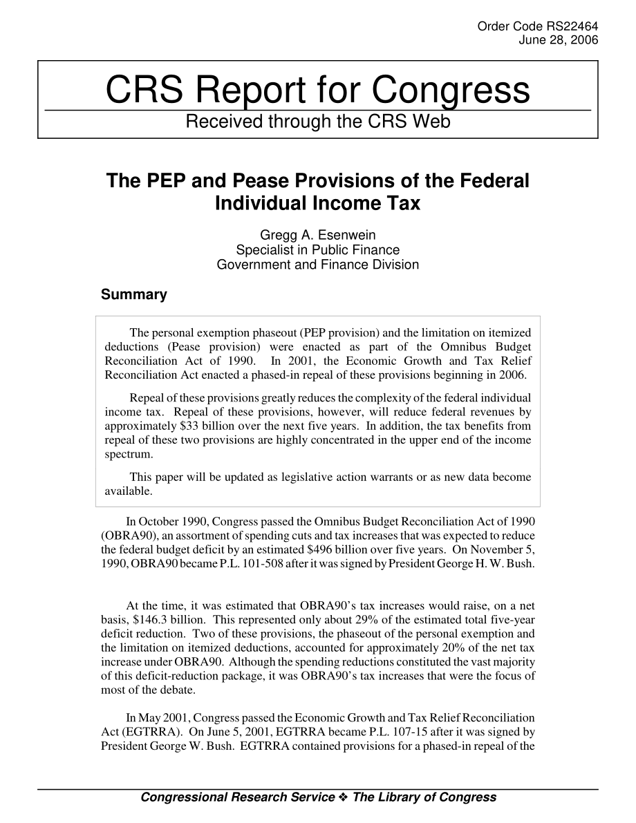 [20060628]RS22464_联邦个人所得税的PEP和Pease规定.pdf_第1页