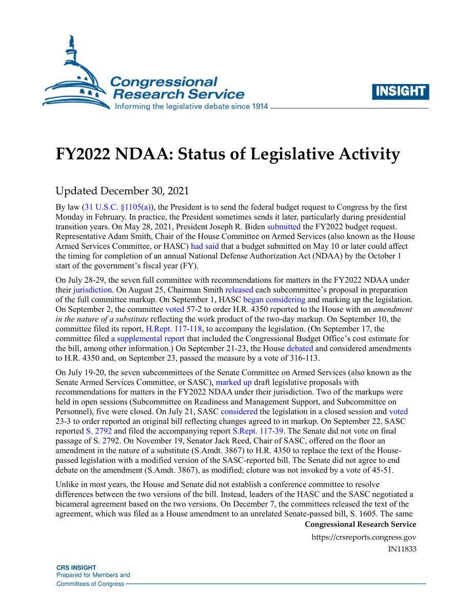 [20211230]IN11833_2022财年NDAA：立法活动的状况.pdf_第1页