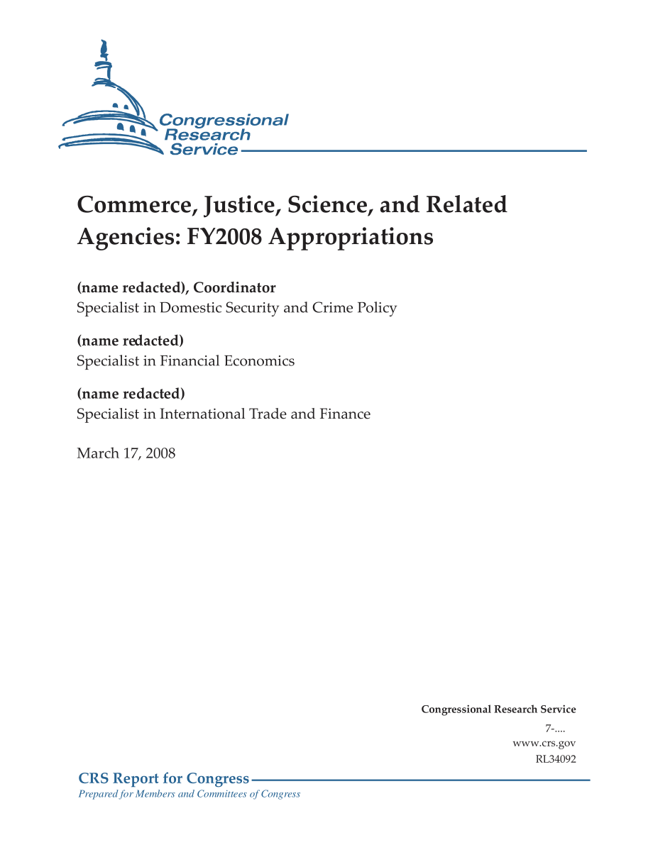 [20080317]RL34092_商业、司法、科学和相关机构：2008财年拨款.pdf_第1页