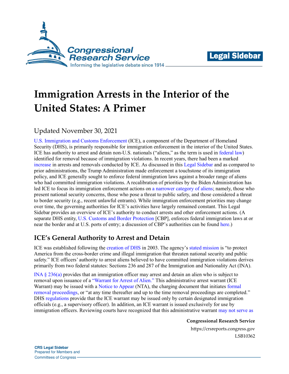 [20211130]LSB10362_美国内地的移民逮捕：基础.pdf_第1页