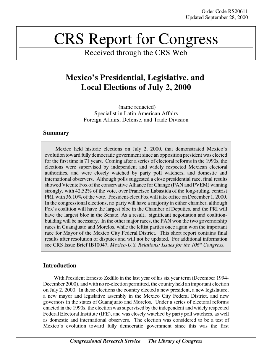 [20000928]RS20611_2000年7月2日墨西哥总统、立法和地方选举.pdf_第1页