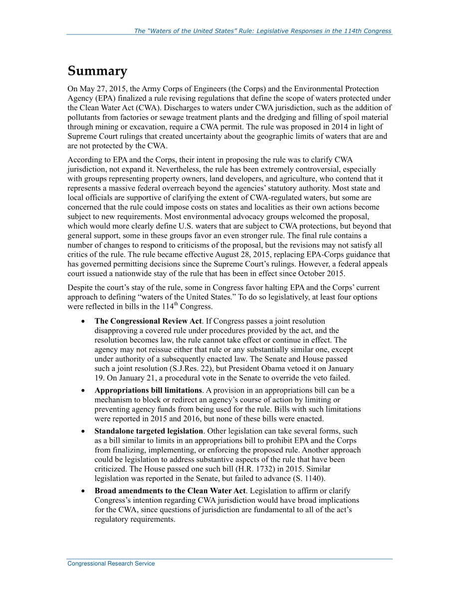 [20161229]R43943_“美国水域”规则：立法选择和第114届国会的回应.pdf_第2页