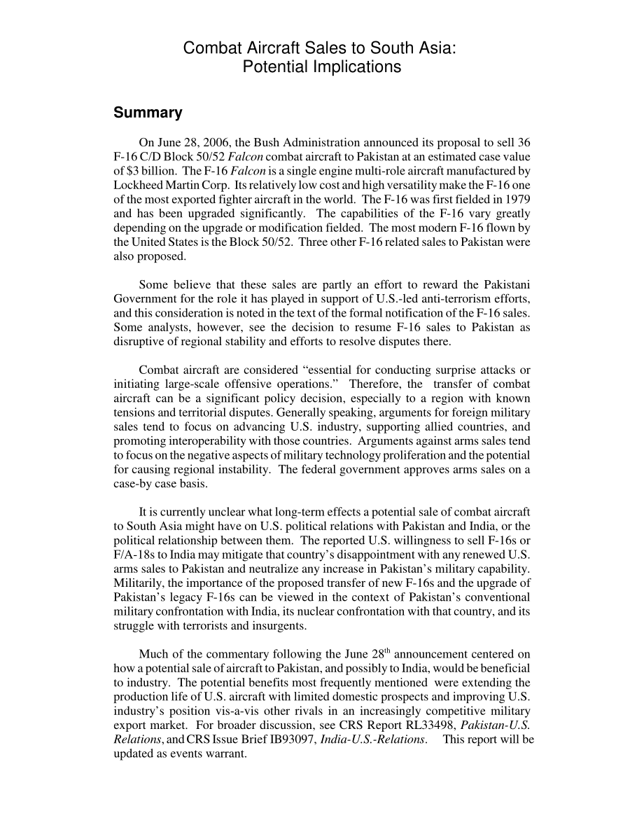 [20060706]RL33515_向南亚销售战斗机：潜在影响.pdf_第2页