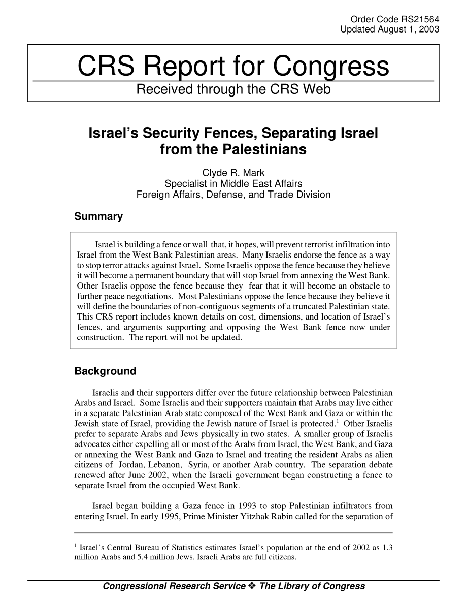 [20030801]RS21564_以色列的安全围栏将以色列与巴勒斯坦人分隔开来.pdf_第1页