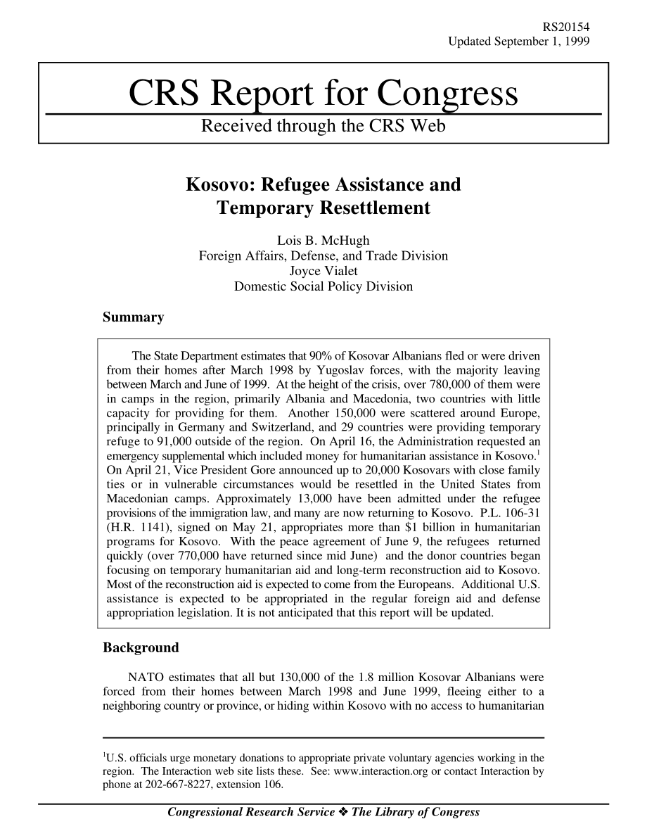 [19990901]RS20154_科索沃：难民援助和临时安置.pdf_第1页