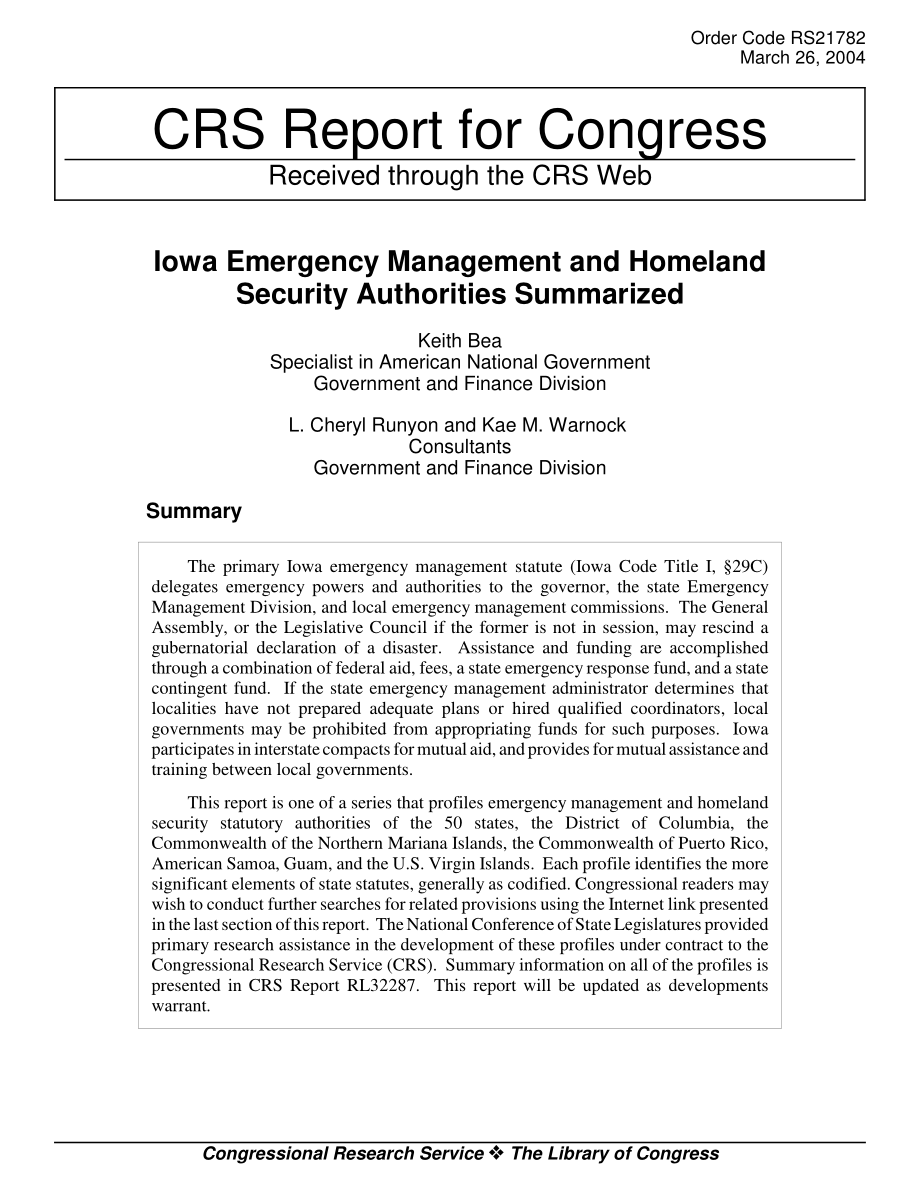 [20040326]RS21782_爱荷华州应急管理和国土安全局总结.pdf_第1页