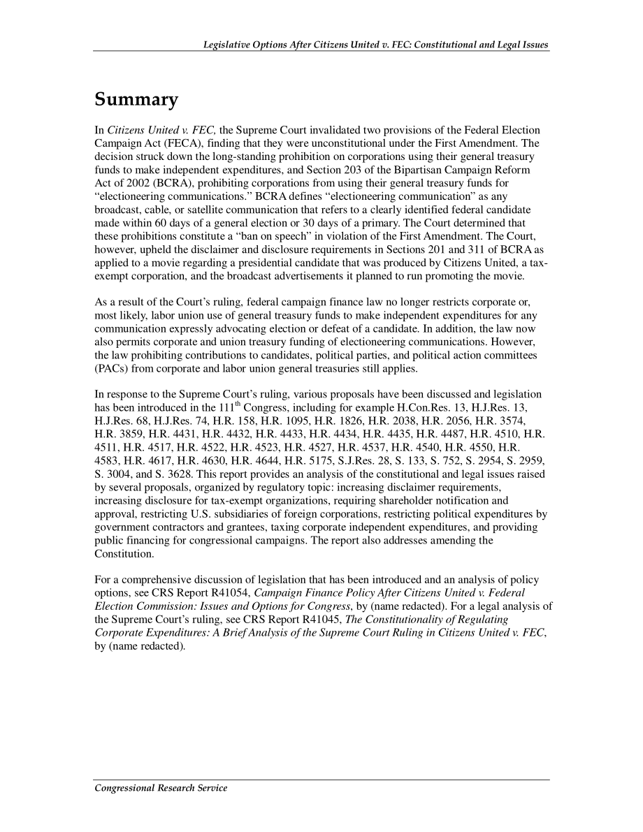 [20100727]R41096_公民联合会诉联邦选举委员会案后的立法选择：宪法和法律问题.pdf_第2页
