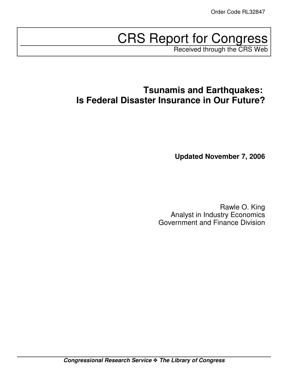 [20061107]RL32847_海啸和地震：联邦灾难保险在我们的未来会出现吗？.pdf_第1页