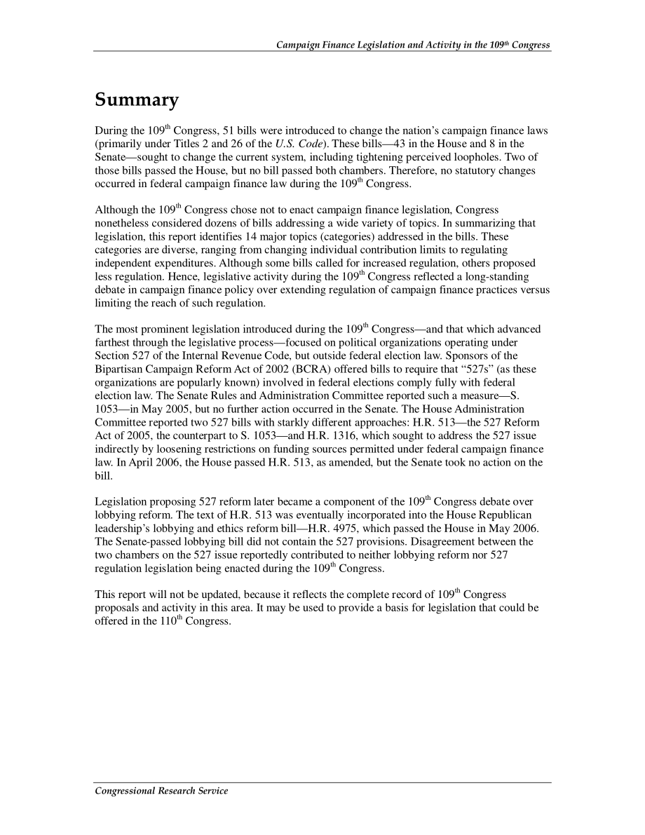 [20070126]RL33836_第109届国会的竞选融资立法和活动.pdf_第2页
