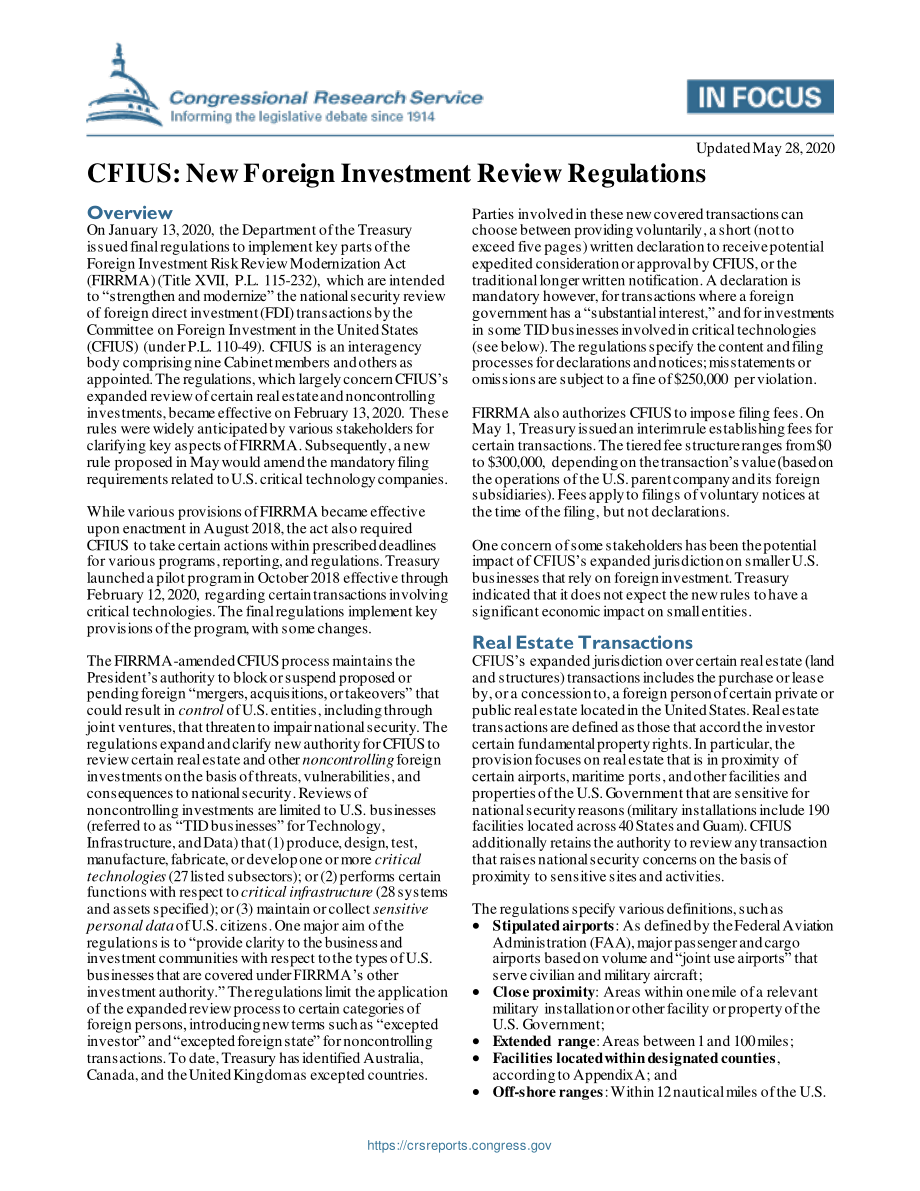 [20200528]IF11334_CFIUS：新的外商投资审查规定.pdf_第1页