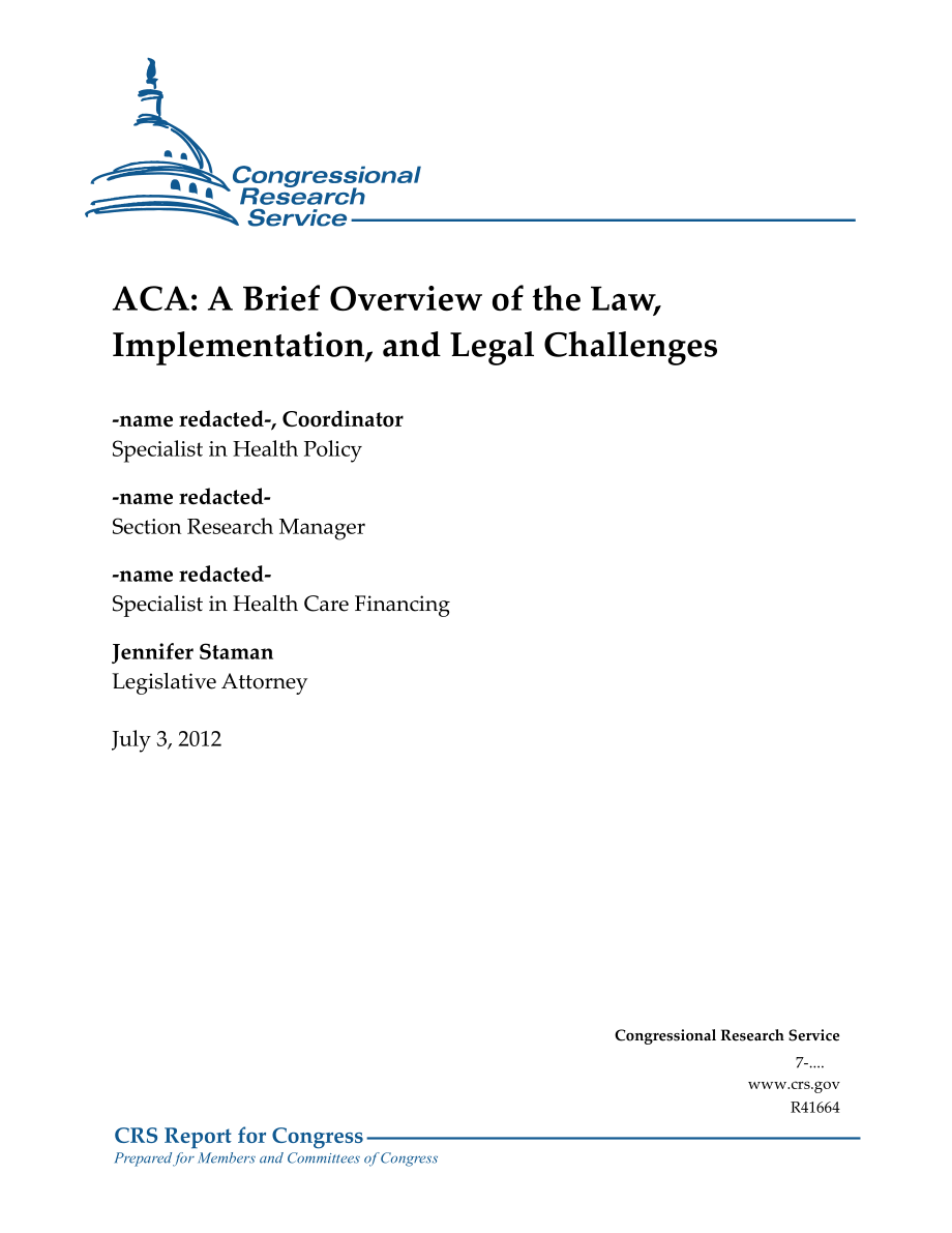 [20120703]R41664_ACA：法律、实施和法律挑战的简要概述.pdf_第1页
