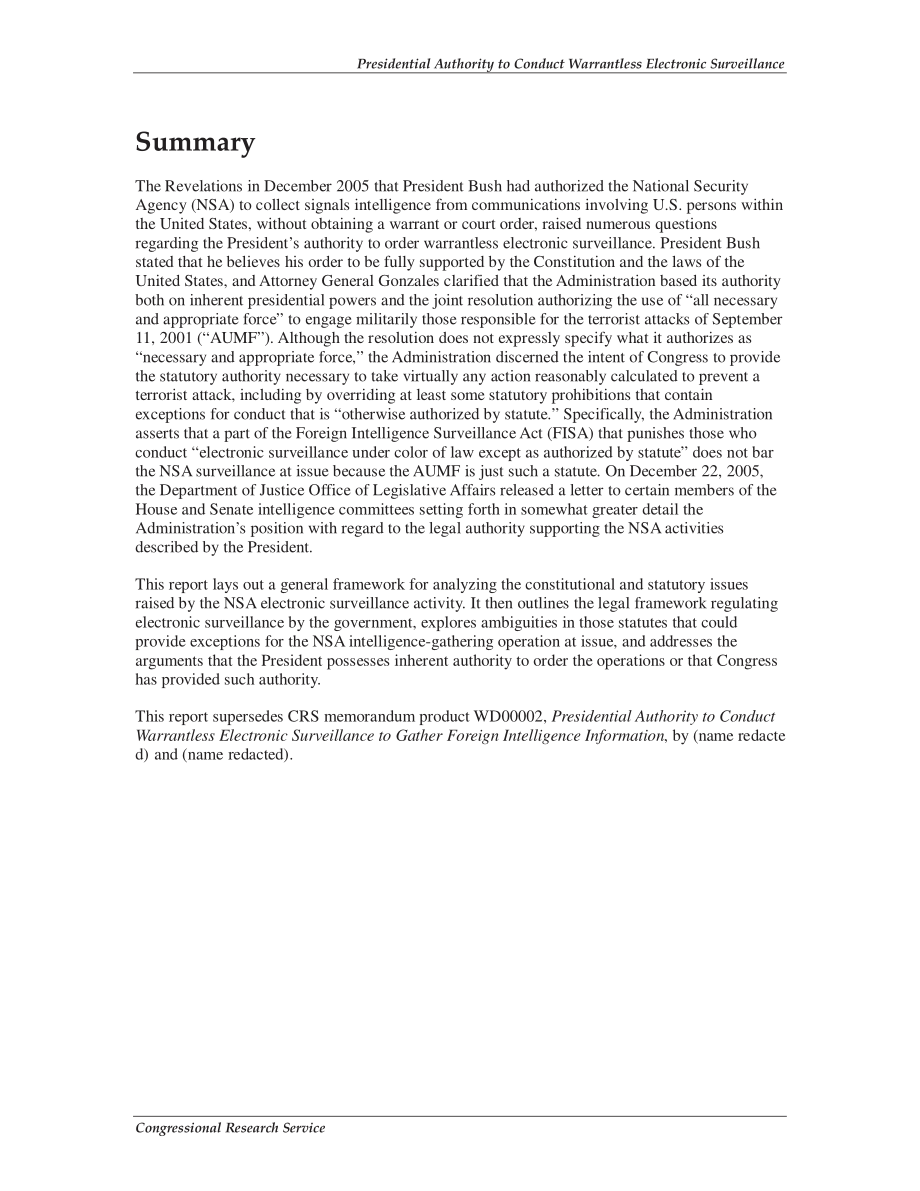 [20060105]R40888_总统授权进行无授权电子监视以收集外国情报信息.pdf_第2页