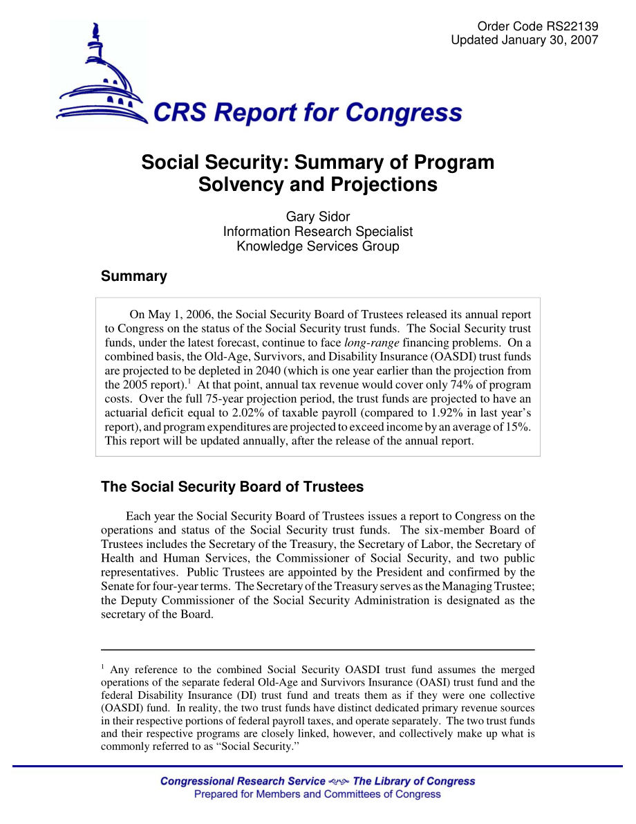 [20070130]RS22139_社会保障：计划偿付能力和预测摘要.pdf_第1页