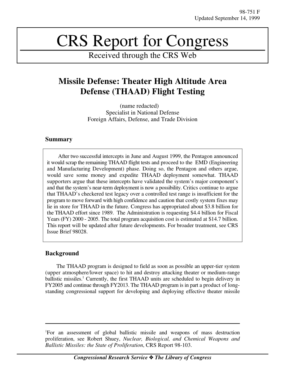 [19990914]98-751_导弹防御： Theater High Altitude Area Defense (THAAD) Flight Testing.pdf_第1页