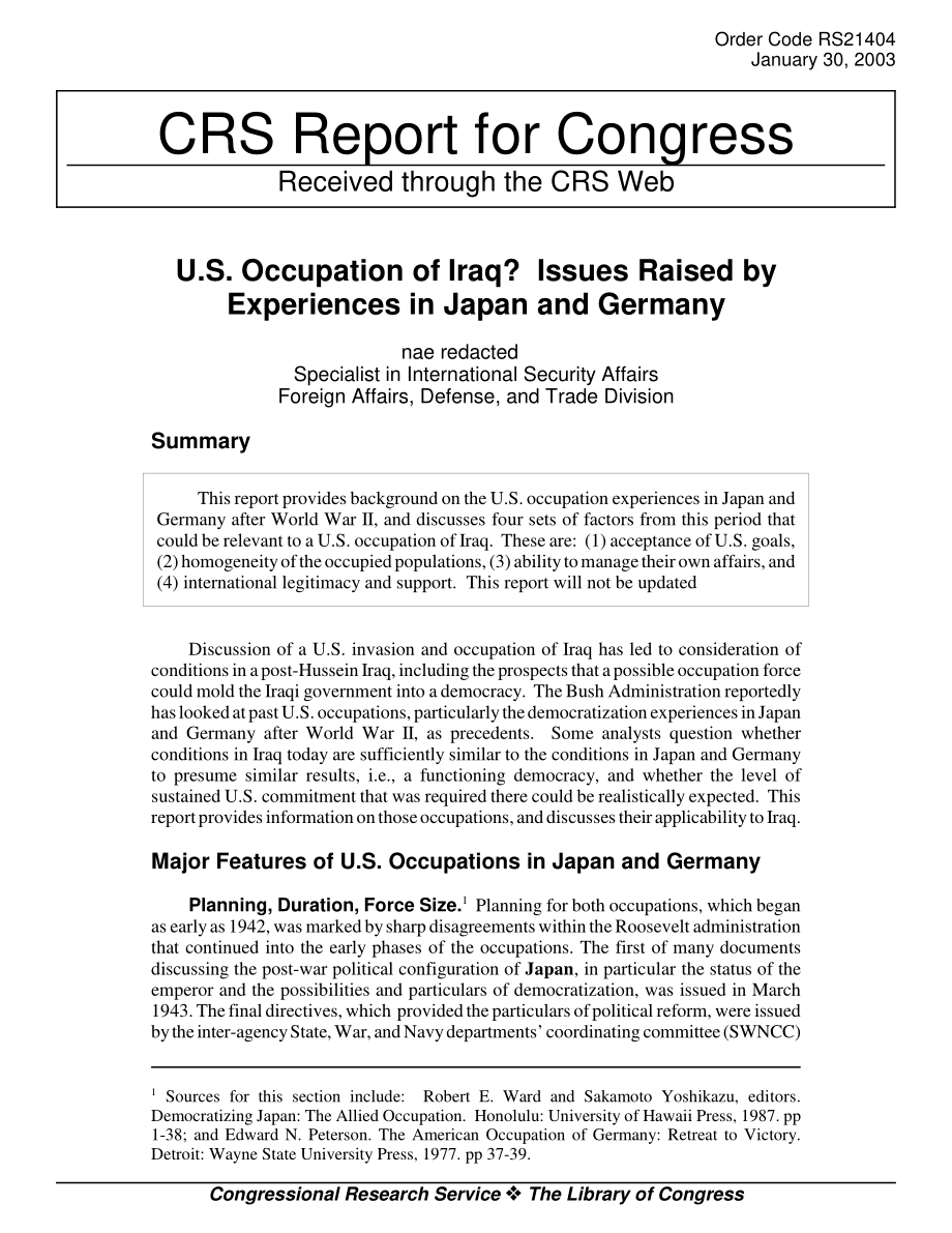 [20030130]RS21404_美国占领伊拉克？日本和德国经验提出的问题.pdf_第1页