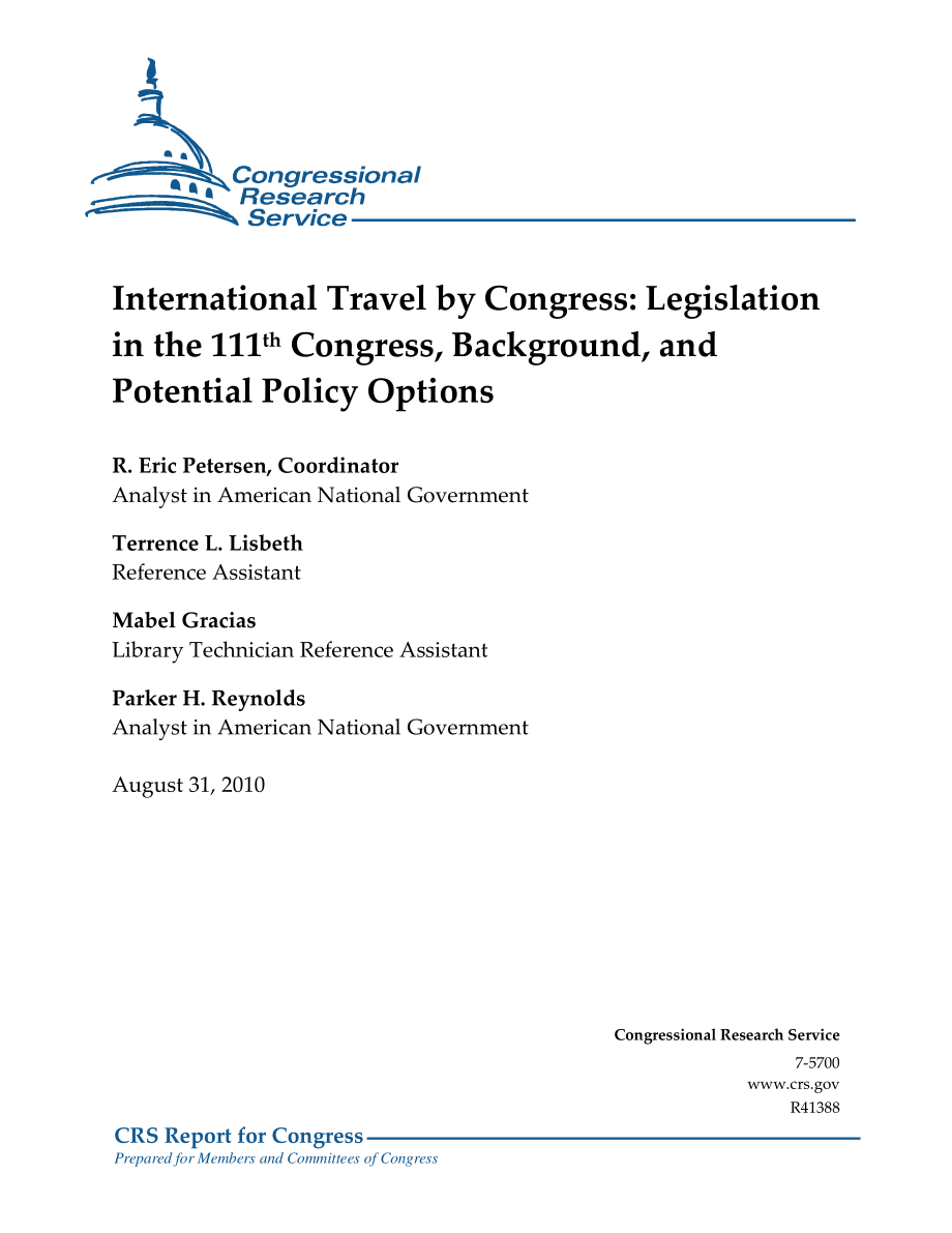[20100831]R41388_国会国际旅行：第111届国会的立法、背景和潜在的政策选择.pdf_第1页