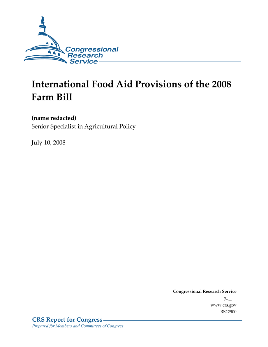 [20080710]RS22900_2008年农业法案的国际粮食援助条款.pdf_第1页