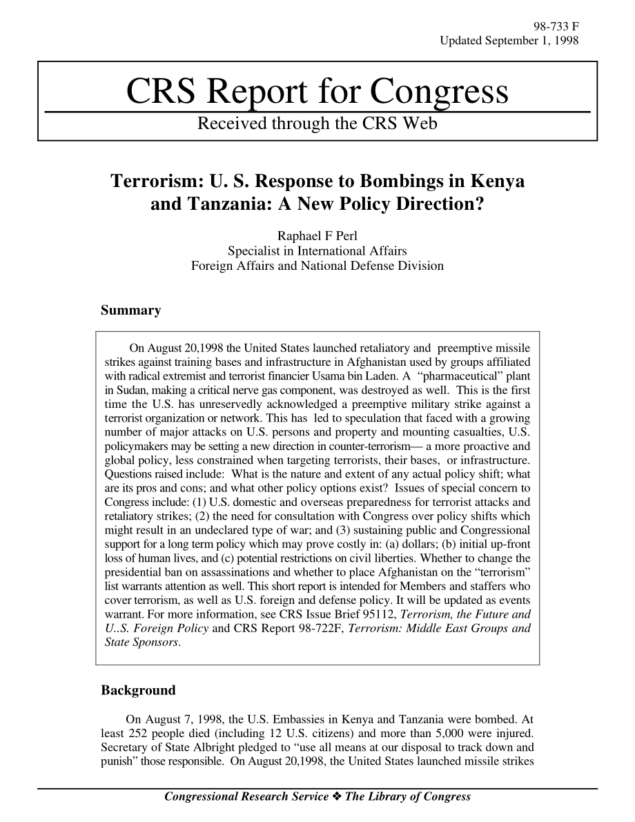 [19980901]98-733_恐怖主义：美国对肯尼亚和坦桑尼亚爆炸事件的反应：新的政策方向？.pdf_第1页