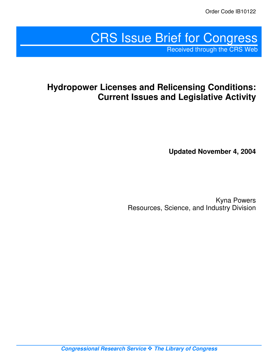 [20041104]IB10122_水电许可证和再许可条件：当前问题和立法活动.pdf_第1页