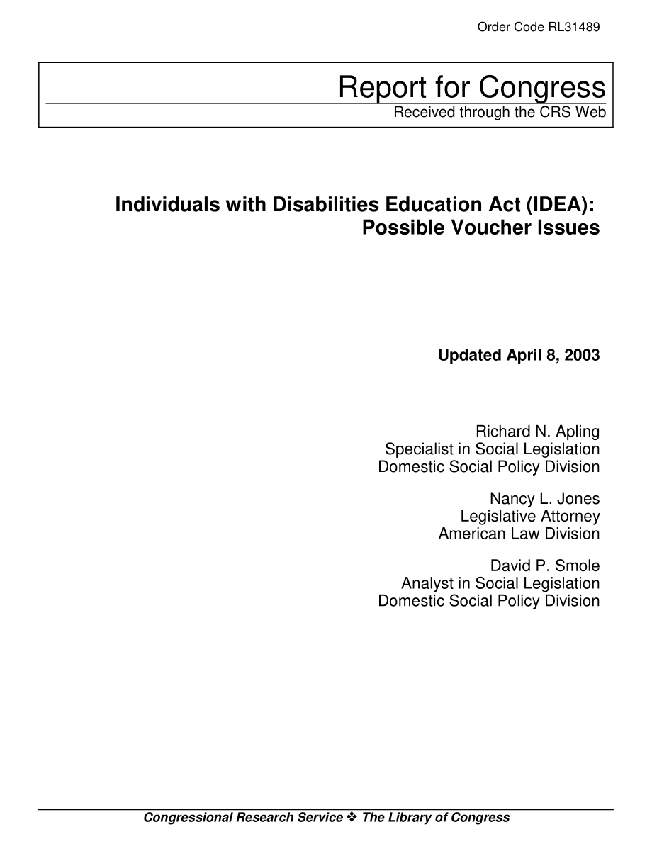 [20030408]RL31489_《残疾人教育法》（IDEA）：可能的凭证问题.pdf_第1页