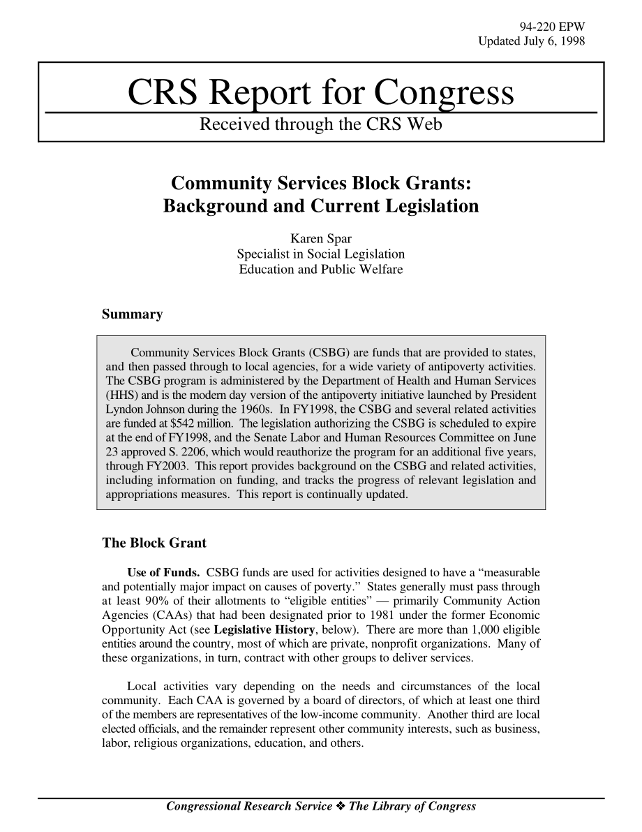 [19980706]94-220_社区服务整体拨款：背景和现行立法.pdf_第1页