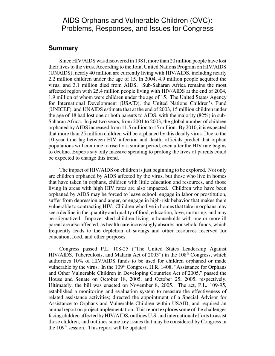 [20051118]RL32252_艾滋病孤儿和弱势儿童（OVC）：问题、回应和国会议题.pdf_第2页