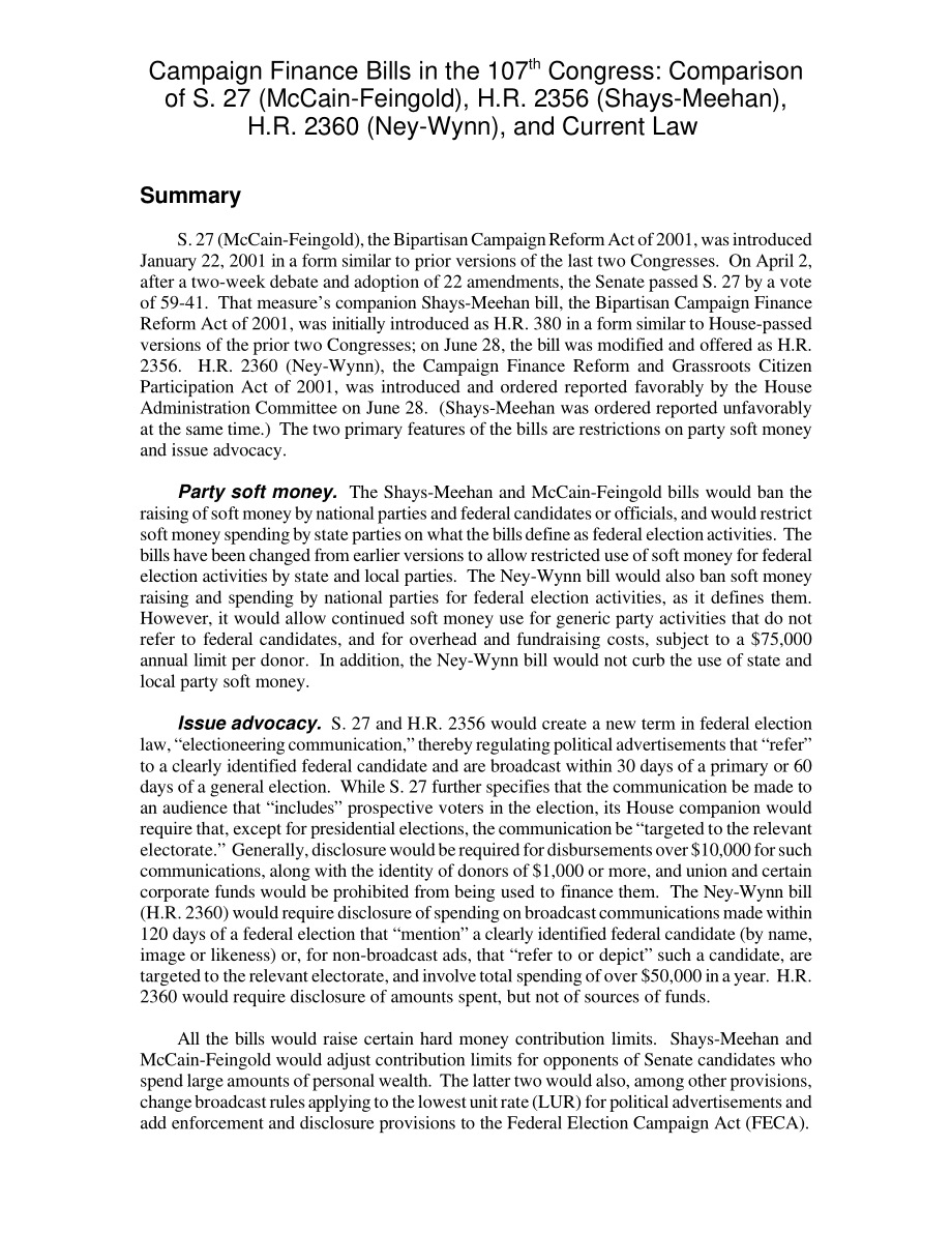 [20020118]RL31036_第107届国会的竞选融资法案：比较S.27（麦凯恩·芬戈尔德）H.R.2356（Shays Meehan）H.R.2630（Ney Wyn）和现行法律.pdf_第2页