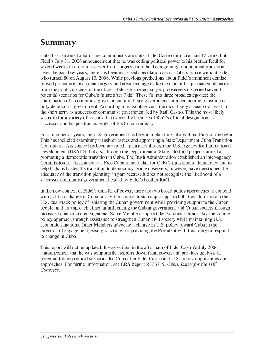 [20060903]RL33622_古巴未来的政治前景和美国的政策方针.pdf_第2页