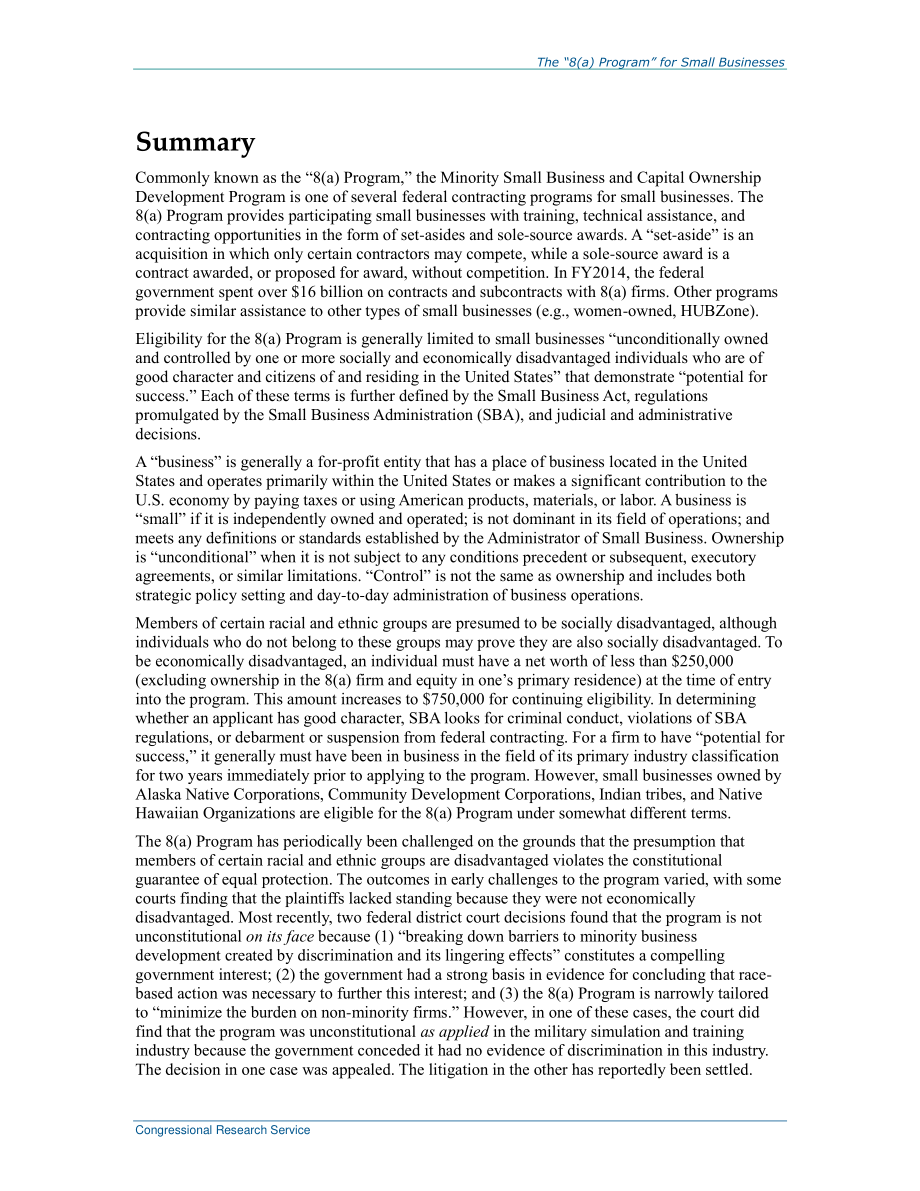 [20160106]R40744_针对社会和经济弱势群体拥有和控制的小企业的“8（a）计划”：法律要求和问题.pdf_第2页