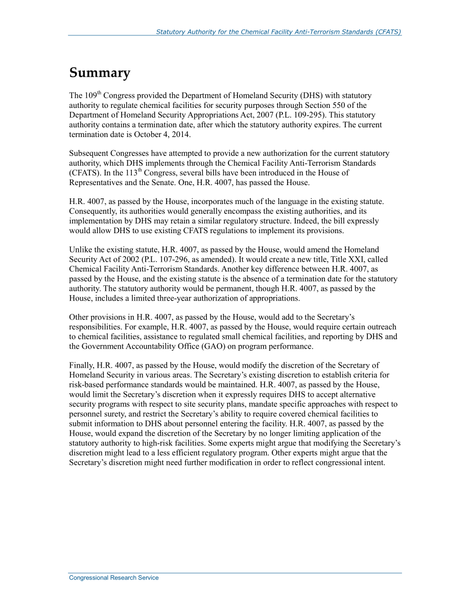 [20140717]R43650_化学设施反恐标准（CFATS）的法定机构：H.R.的比较4007和P.L109-295第550节.pdf_第2页