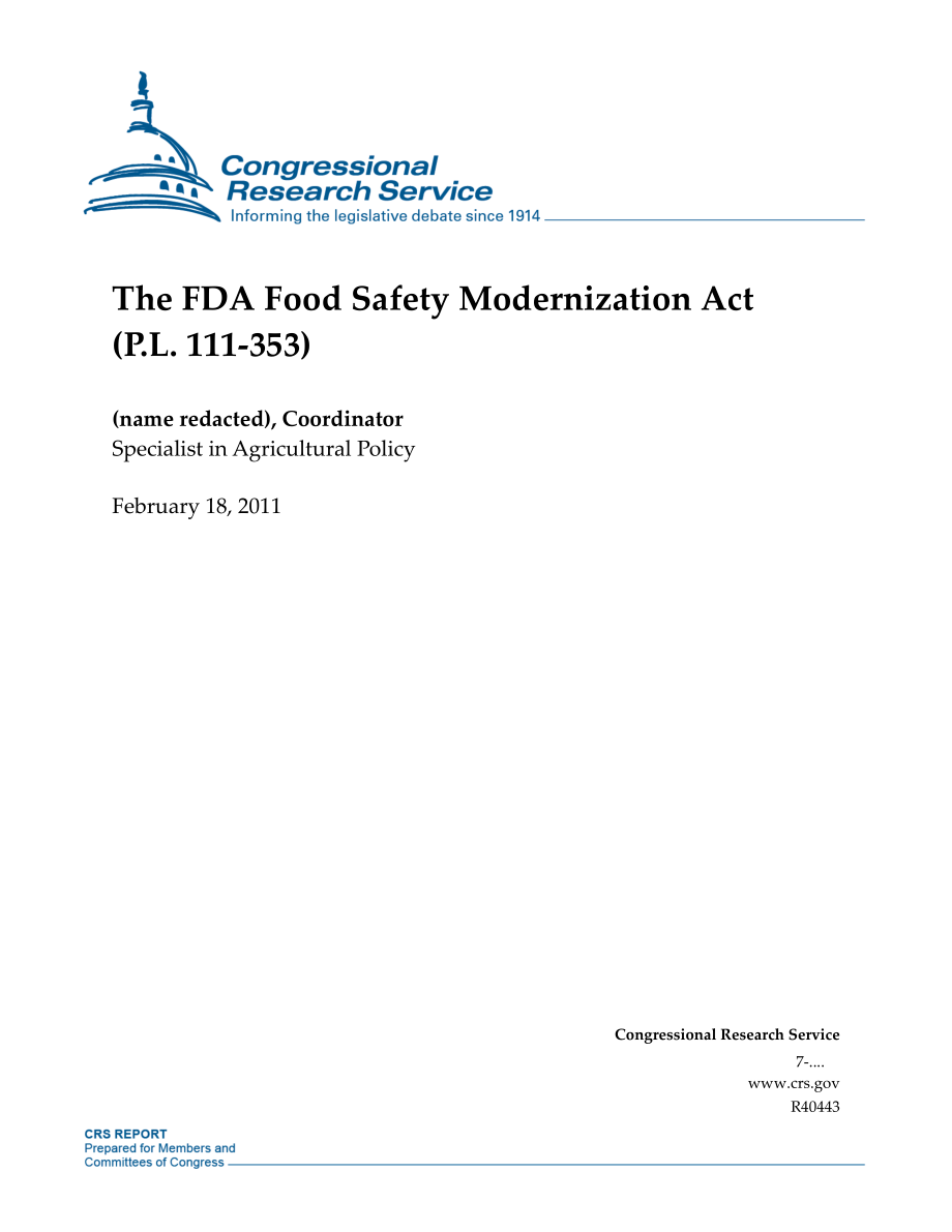 [20110218]R40443_FDA食品安全现代化法案（P.L111-353).pdf_第1页