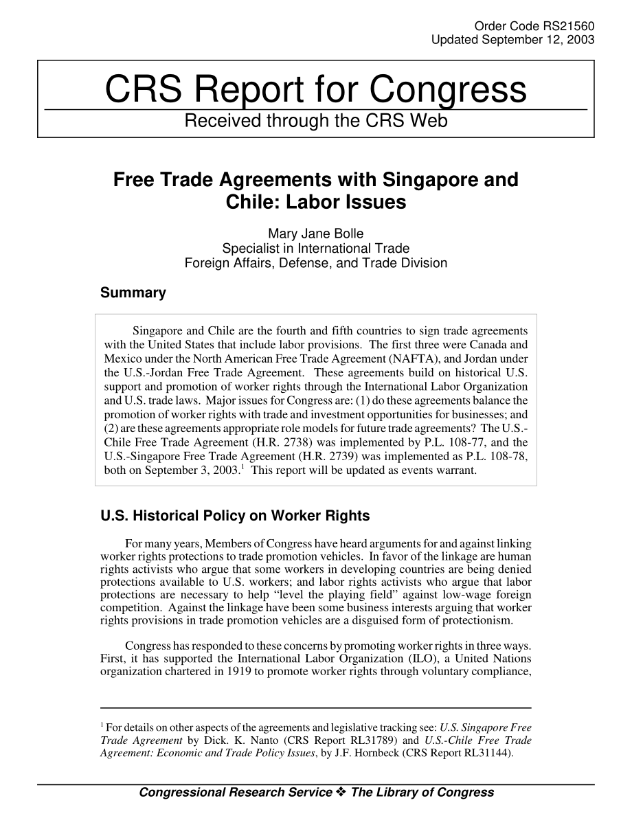 [20030912]RS21560_与新加坡和智利的自由贸易协定：劳工问题.pdf_第1页