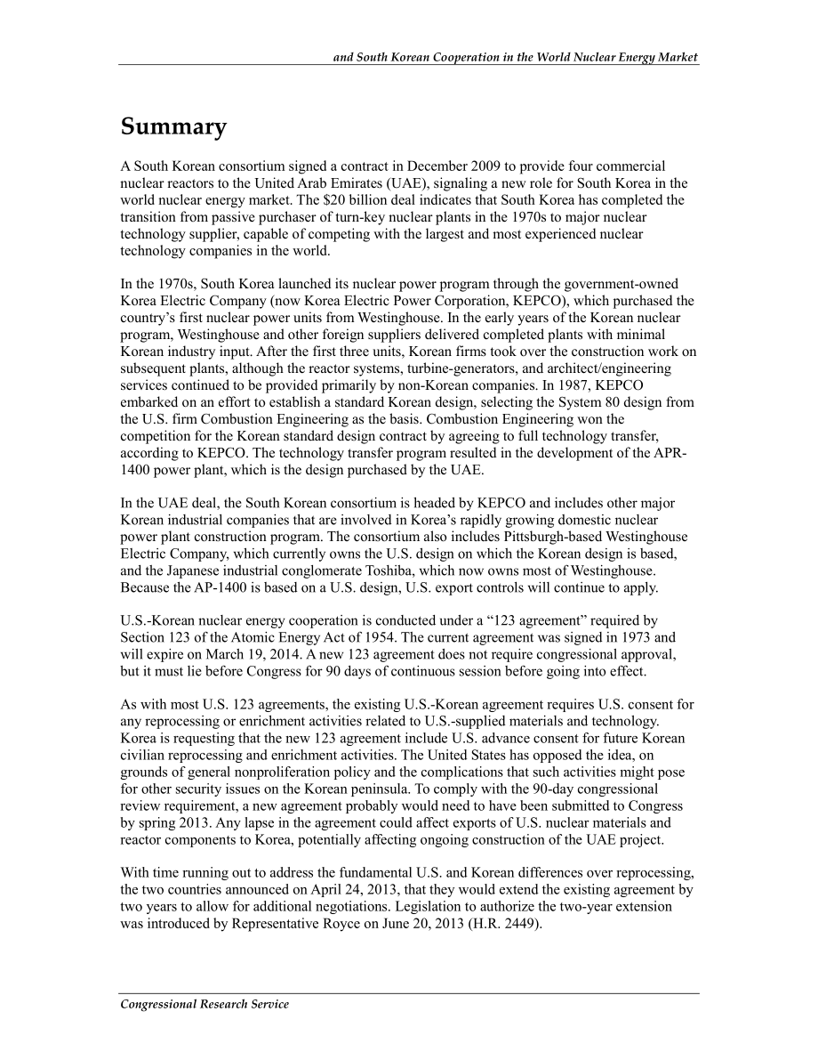 [20130625]R41032_美国和韩国在世界核能市场上的合作：主要政策考虑.pdf_第2页