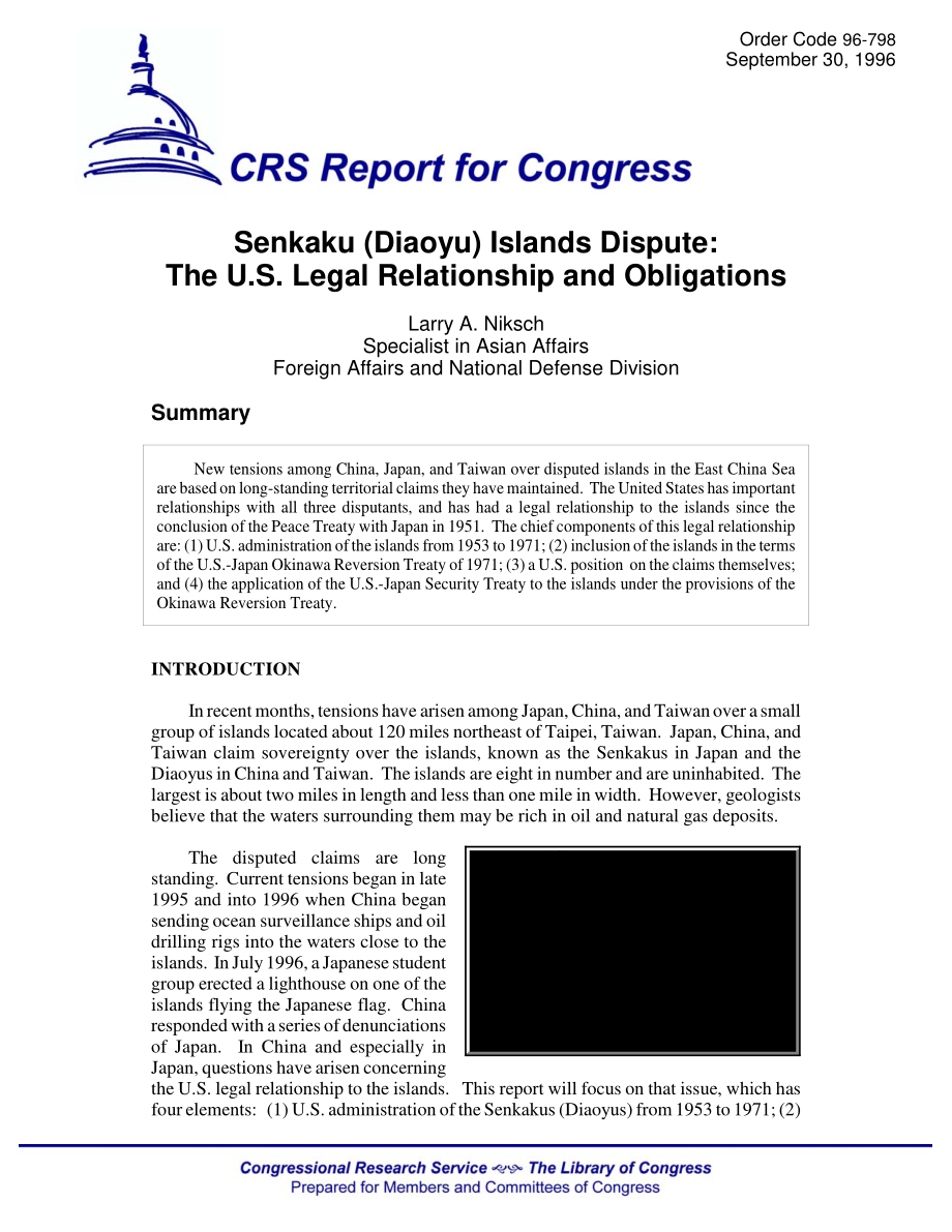 [19960930]96-798_尖阁列岛（钓鱼岛）争端：美国法律关系和义务.pdf_第1页