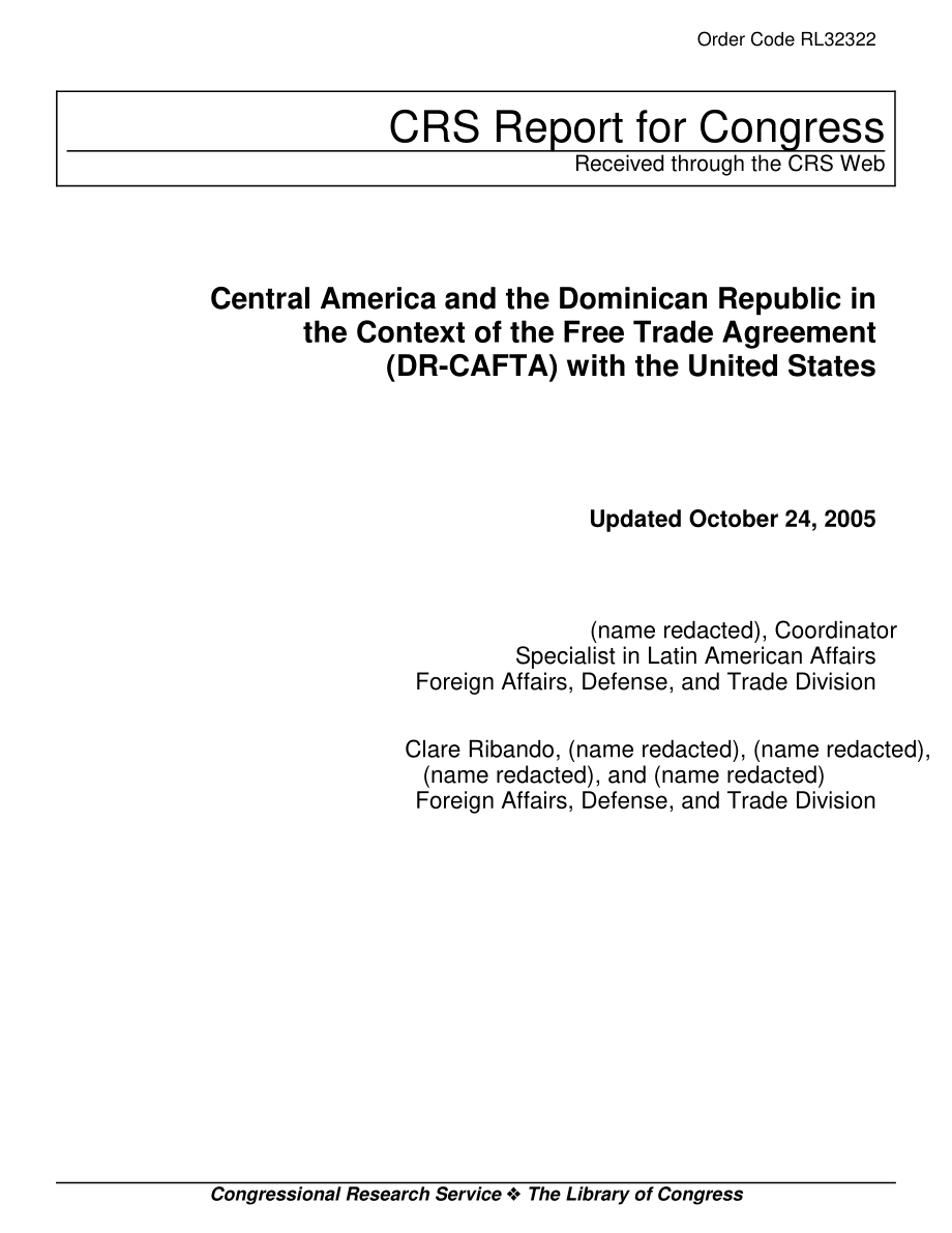 [20051024]RL32322_中美洲和多米尼加共和国与美国的自由贸易协定（DR-CAFTA）.pdf_第1页