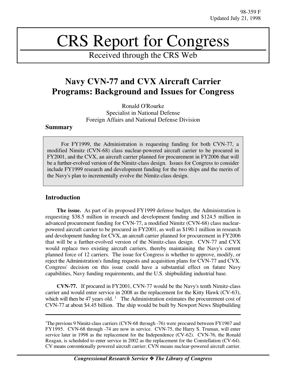 [19980721]98-359F_海军CVN-77和CVX航母项目：国会背景和议题.pdf_第1页
