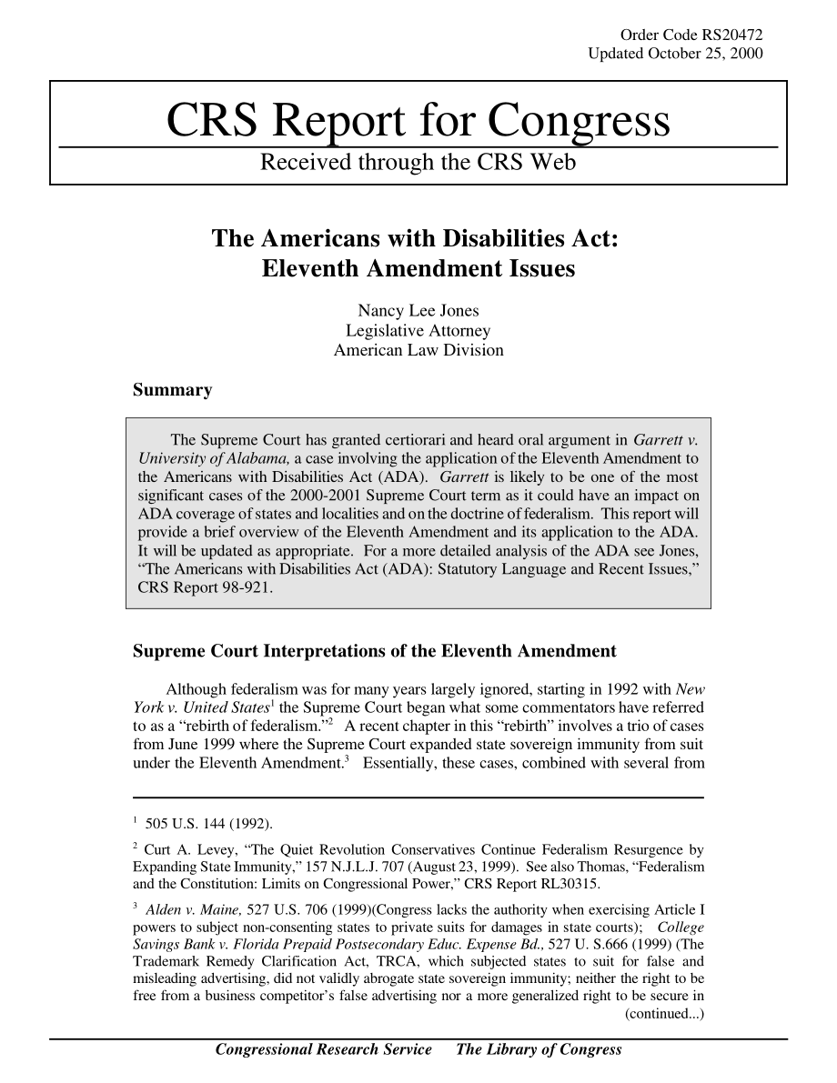 [20001025]RS20472_美国残疾人法案：第十一次修正案问题.pdf_第1页