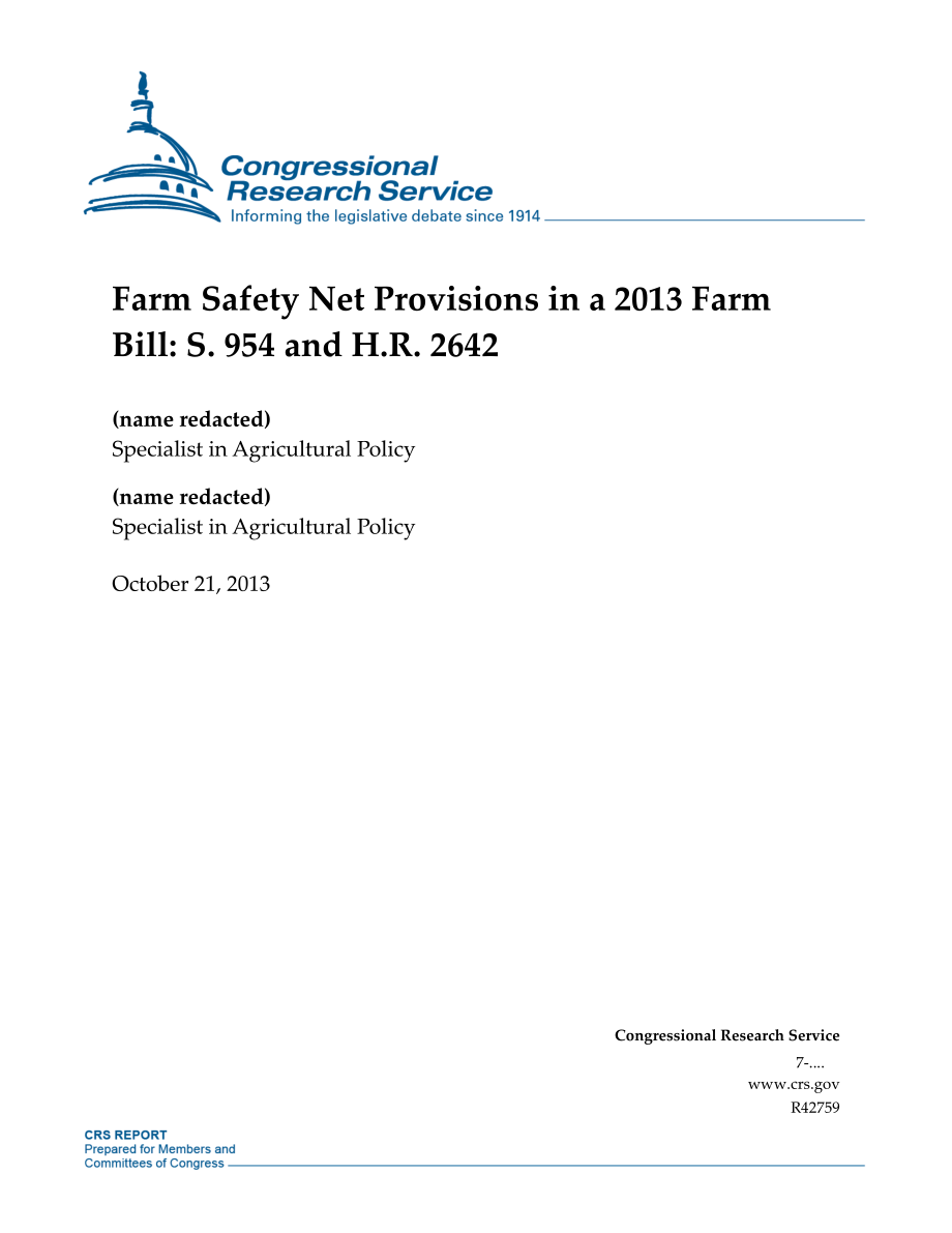 [20131021]R42759_2013年农业法案中的农业安全网规定：S、 954和H.R.2642.pdf_第1页