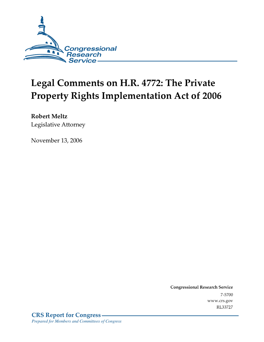 [20061113]RL33727_关于H.R.的法律意见.4772 2006年《私有产权实施法》.pdf_第1页