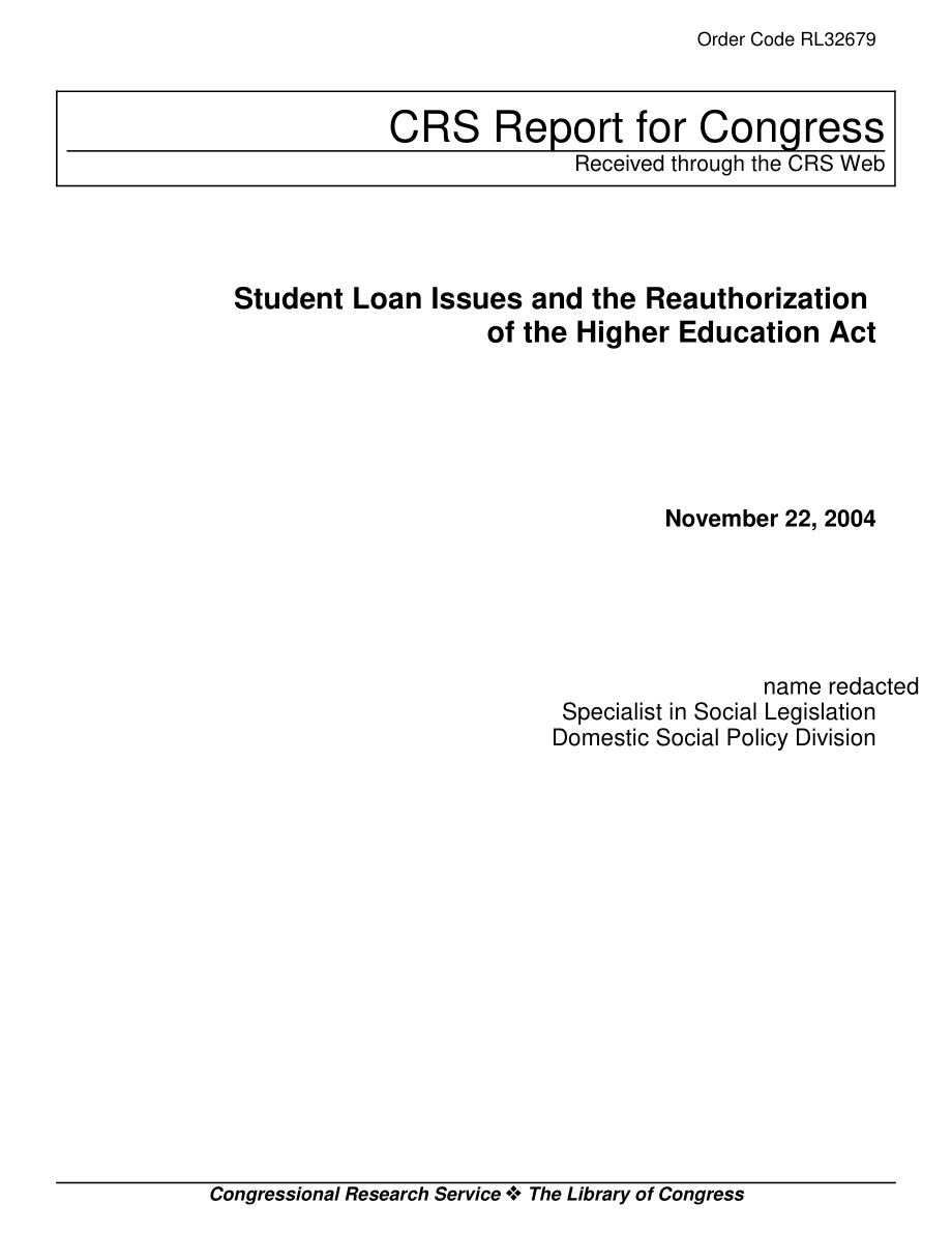[20041122]RL32679_学生贷款问题与《高等教育法》的重新授权.pdf_第1页