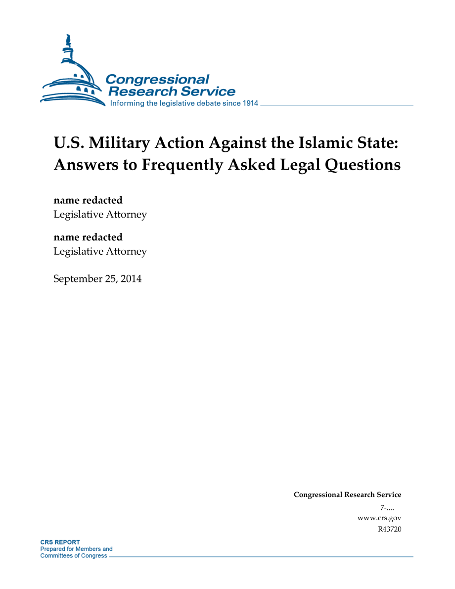 [20140925]R43720_美国对伊斯兰国的军事行动：常见法律问题解答.pdf_第1页