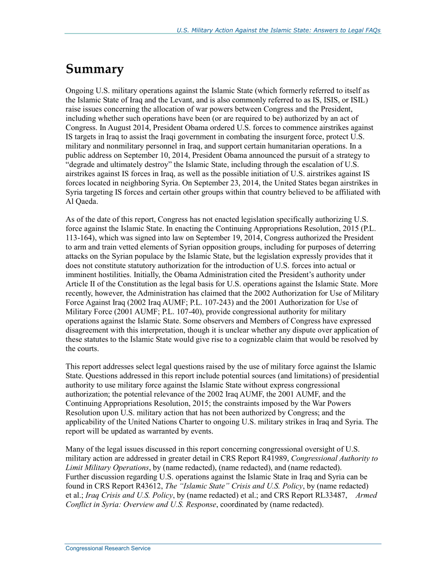 [20140925]R43720_美国对伊斯兰国的军事行动：常见法律问题解答.pdf_第2页