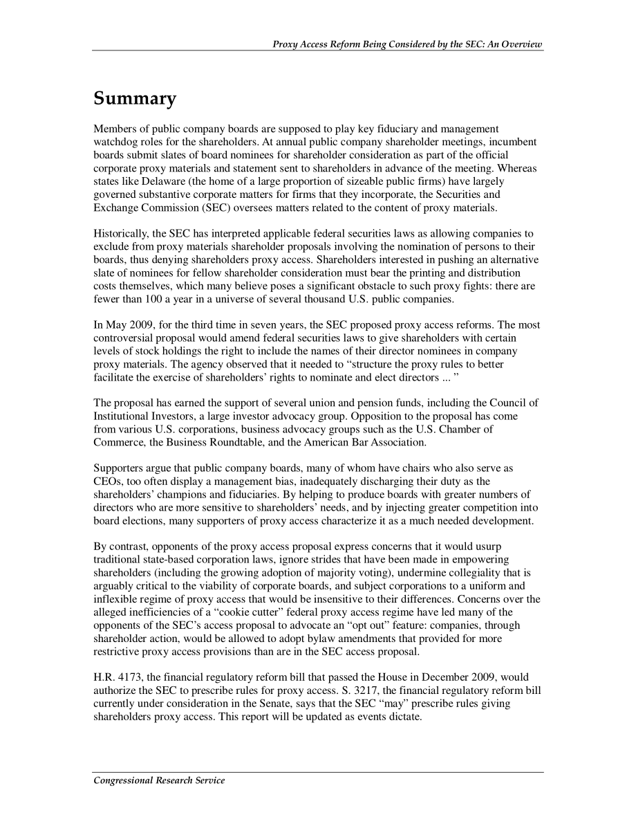 [20100520]R41247_SEC正在考虑代理访问改革：概述.pdf_第2页