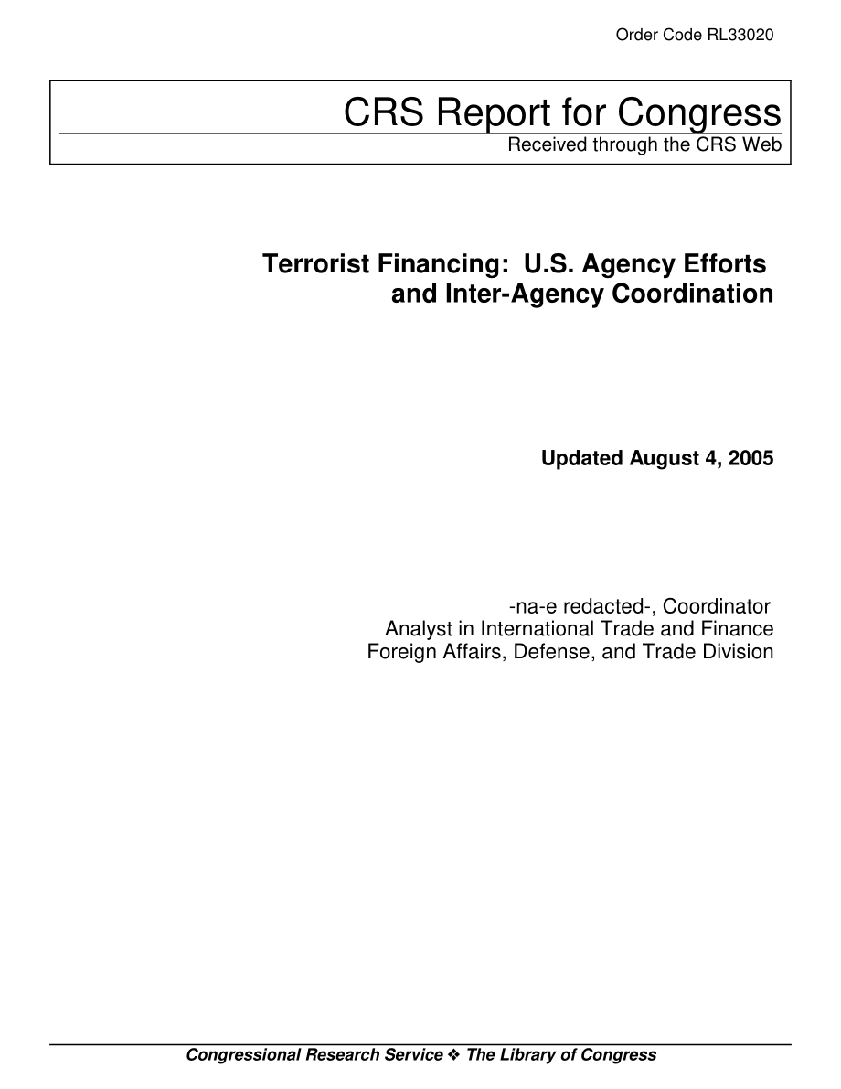 [20050804]RL33020_恐怖主义融资：美国机构努力和机构间协调.pdf_第1页